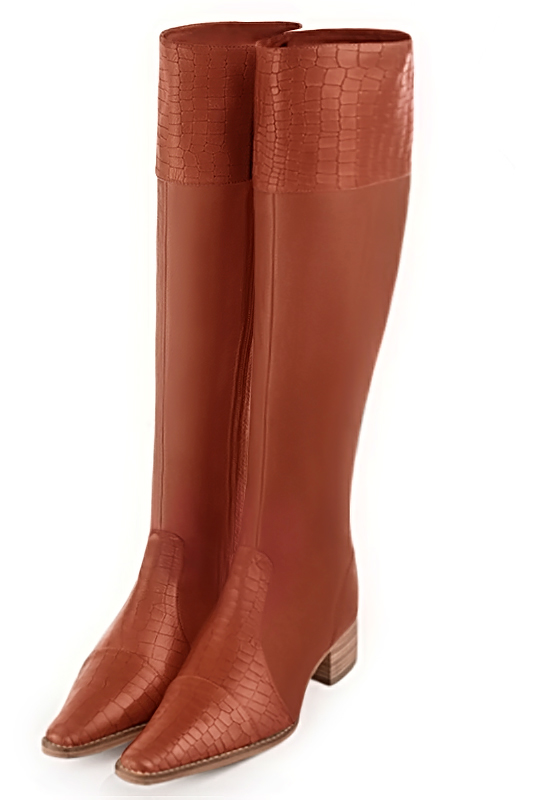 Terracotta orange women's riding knee-high boots. Tapered toe. Low leather soles. Made to measure. Front view - Florence KOOIJMAN